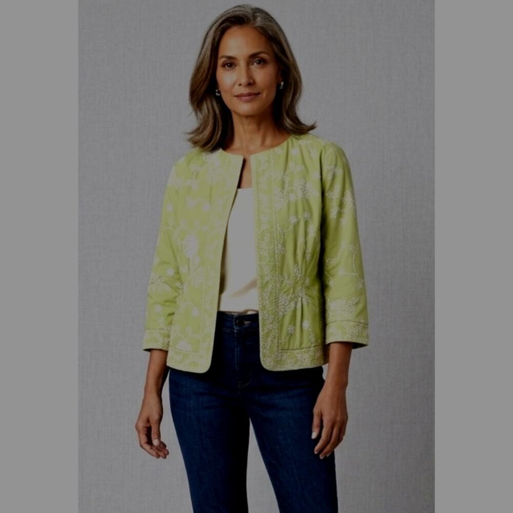 Coldwater Creel Lightweight Blazer Jacket Lime Embroidered Size 14